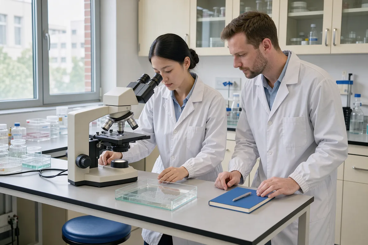Two technicians examine a culture dish beside an inverted microscope on a pale laboratory bench