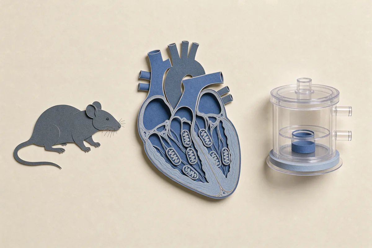 A cut-paper rat and a heart cross-section sit beside an oxygen-measurement chamber on cream paper