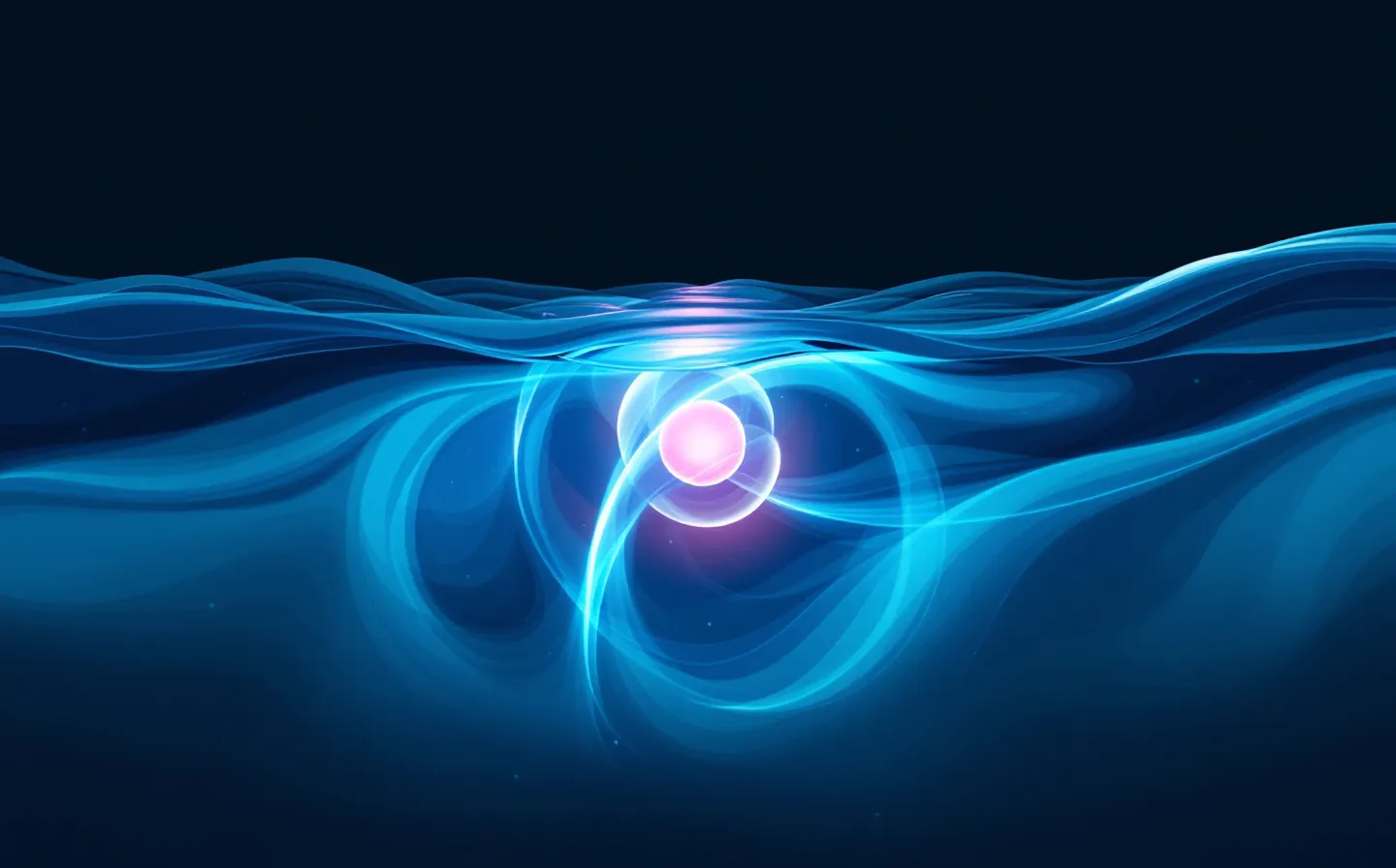 Abstract bioluminescent mitochondrion as a deep-sea organelle with a faint peptide chain rising toward a lighter nucleus node, on an abyssal teal water-column ground fading into the dark