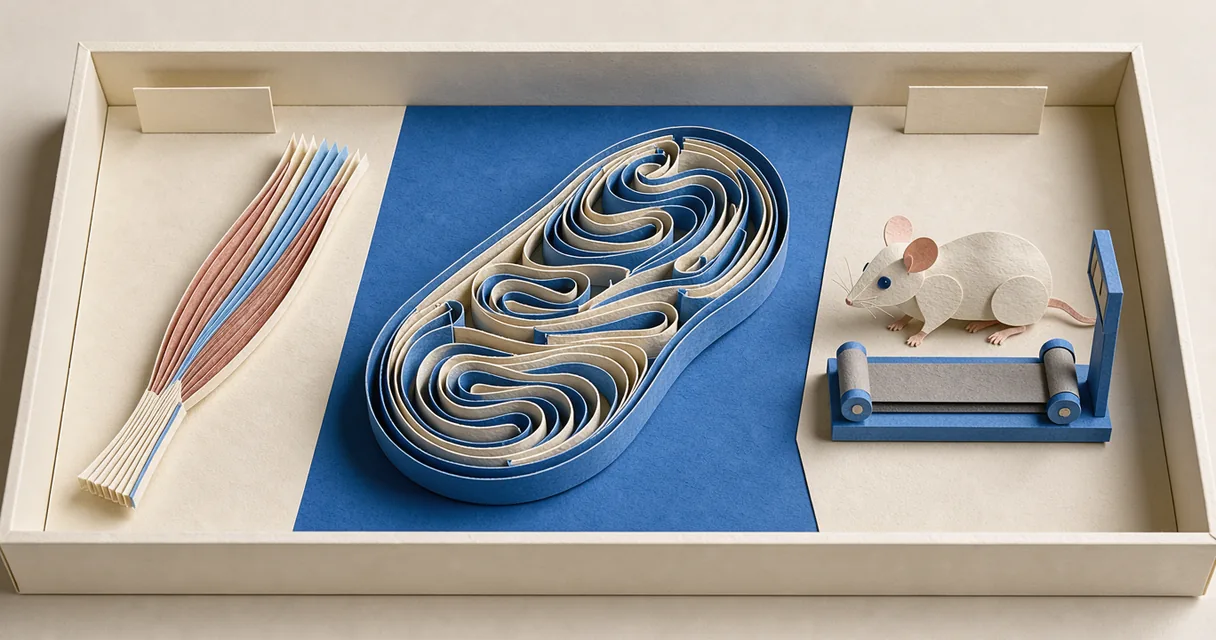 An illustrated specimen drawer holds paper mitochondria, a pleated muscle strip and a mouse with a miniature treadmill