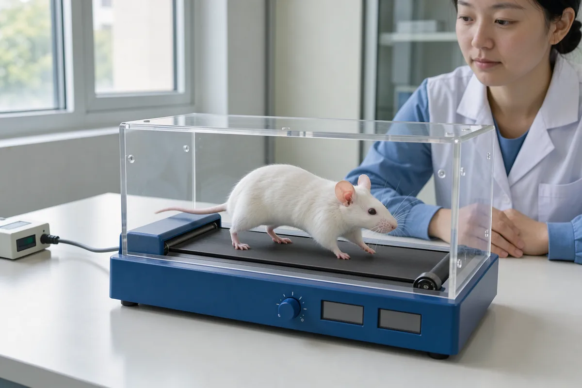 A small mouse walks on a laboratory treadmill while a technician observes from the side